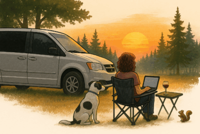 Réflexions vanlife stationnées au coucher du soleil avec un chien, un écureuil et un verre de vin.