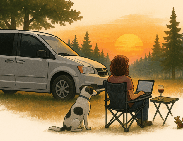 Réflexions vanlife stationnées au coucher du soleil avec un chien, un écureuil et un verre de vin.